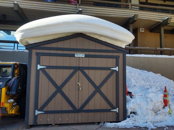 Ranch Style Wood Shed with snow on the roof