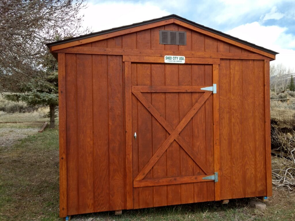 Ranch Style wood shed with T-111 Siding, Stained