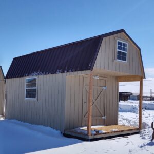 10′ x 20′ Loft Style Wood Storage Sheds With a 4 ft. Deck and Brown Metal roof.  On Sale.'s feature image