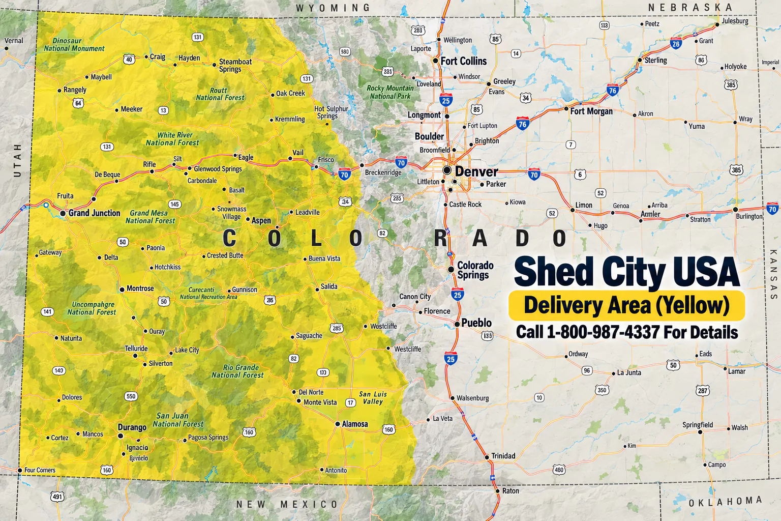 Map of the Shed City USA delivery area: Colorado's Western Slope and western mountains, from Craig and Steamboat Springs south to Durango and Alamosa, shaded yellow